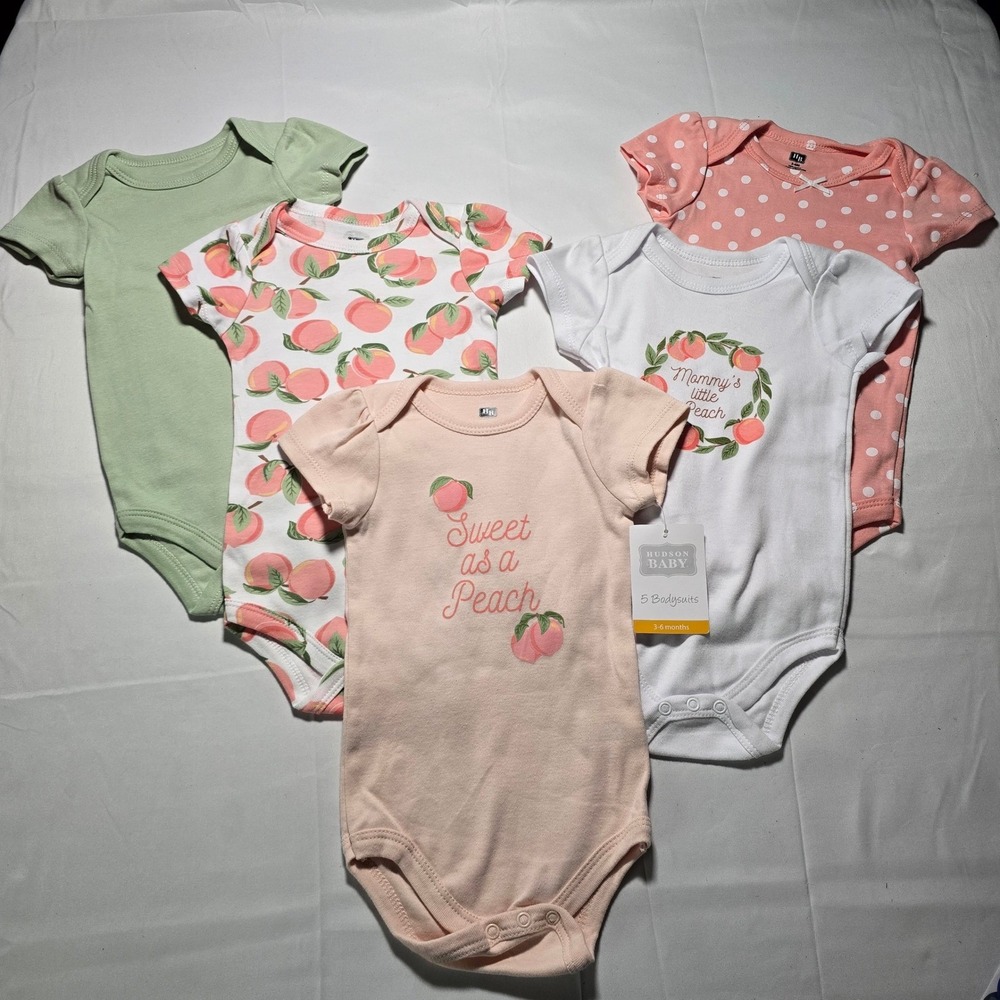 Hudson Baby Girl 3-6m 5 Pack Bodysuits Peach Pink Green White NWT
